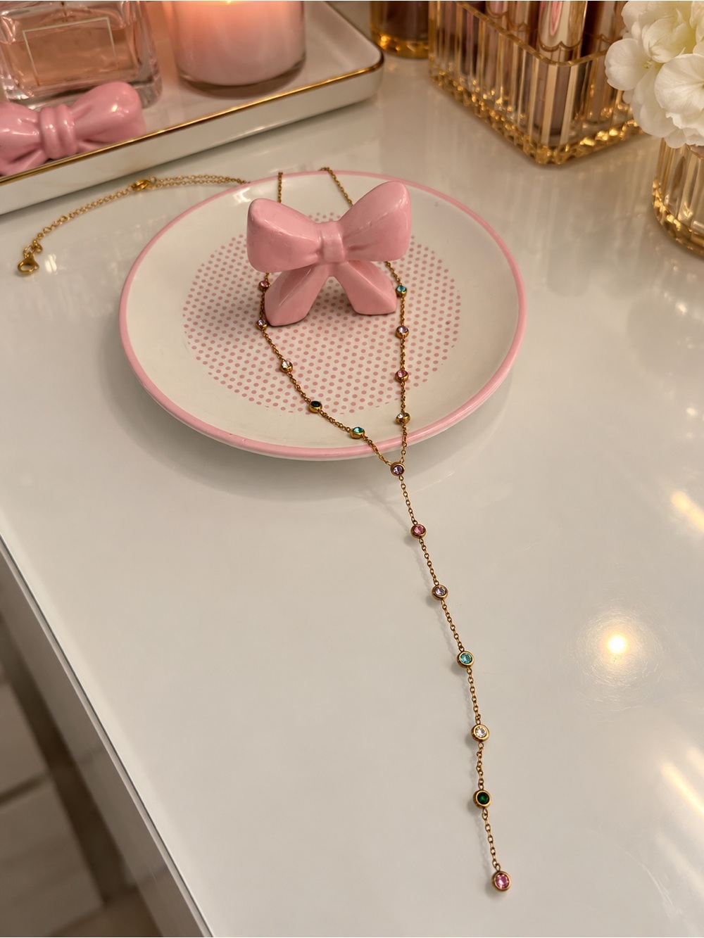 Delicate Gold Y-Necklace with Multicolor Stones and Pink Accents
